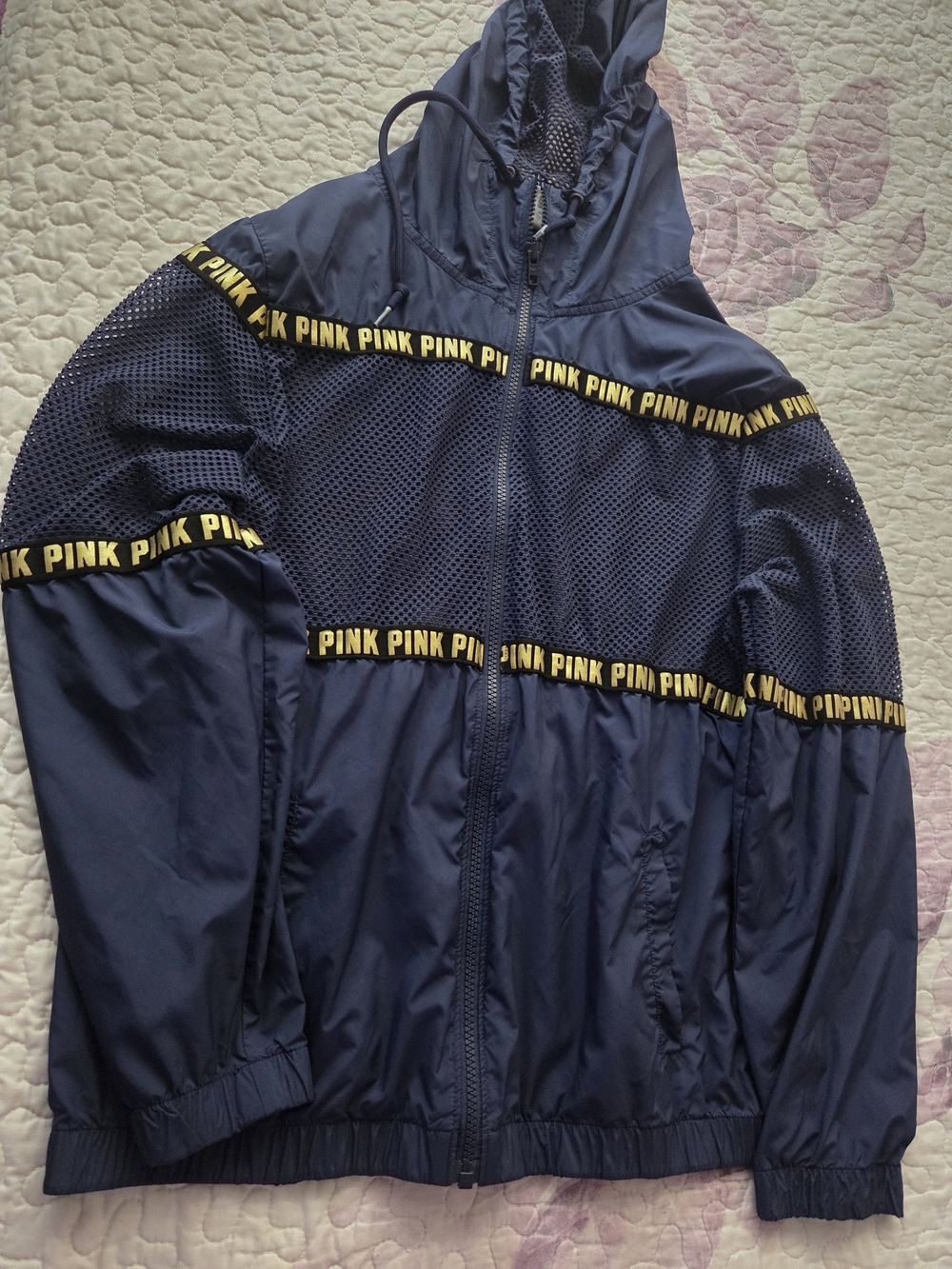 PINK Victoria's Secret Navy and Yellow Hooded Windbreaker
